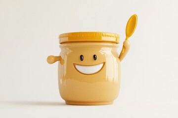A happy jar of peanut butter holds a spoon, smiling cheerfully.