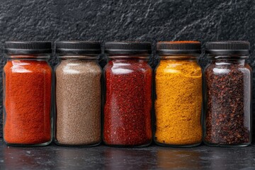 Colorful spices in glass jars on a dark background.