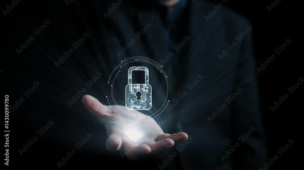 Poster this image illustrates the concept of data protection using a digital lock and graphics to show secu