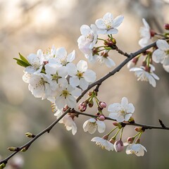 Obraz premium Cherry blossom branch, delicate white flowers, intricate petals, soft focus, ethereal atmosphere, high contrast, dark branches, pale blue tones, botanical illustration, photorealistic detail, spring b