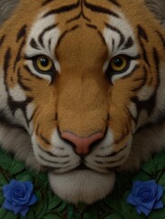 Close-up portrait of a tiger with blue roses.
