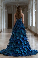 Fototapeta premium Woman in a feathered peacock gown in a grand hall.