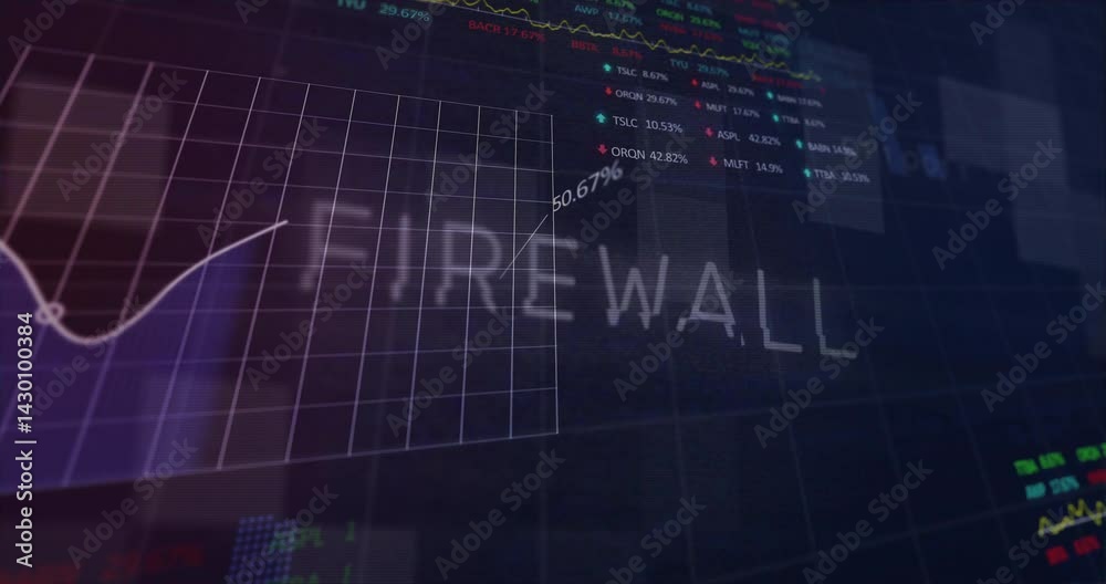Poster firewall data streaming across dark 3d grid displaying glowing line chart with color ticker arrows