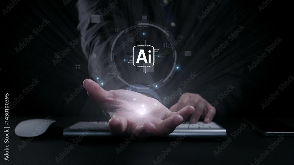 Poster human interact with ai artificial intelligence brain processor in concept of ai artificial intellige