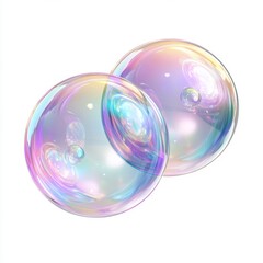 Two iridescent soap bubbles isolated on white background
