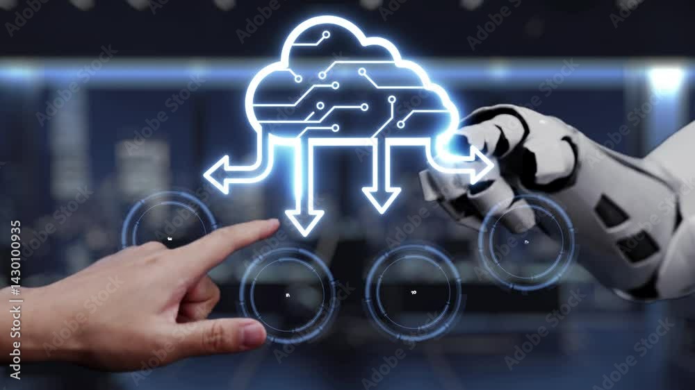 Poster a stunning visual representation of cloud computing, where a robotic arm interacts with digital icon