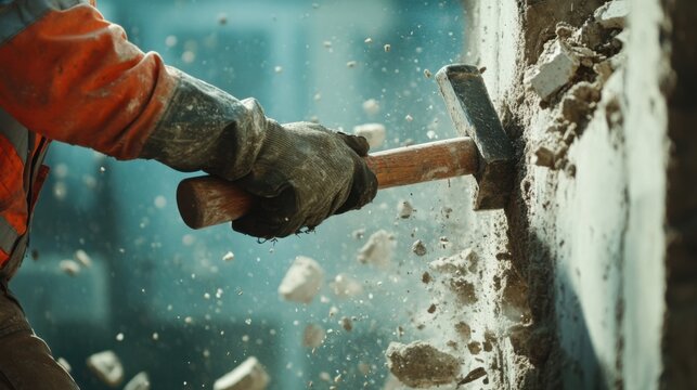 Demolition worker using a sledgehammer on a wall. Featuring power and focus