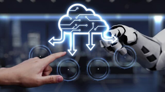 A stunning visual representation of cloud computing, where a robotic arm interacts with digital icons while a human hand points, symbolizing connection and innovation in technology. Auvana