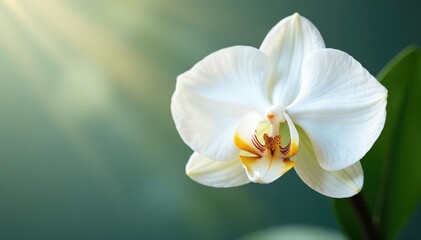 Fototapeta premium Delicate white orchid blossom, pristine background, elegant, flower, bloom