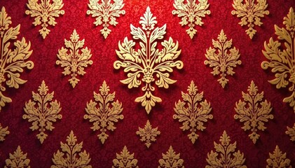 Elegant floral damask textile pattern in rich burgundy and gold , pattern design, intricate, graphic