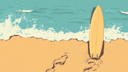 Pixel Art Surfboard on Sandy Beach with Ocean Waves