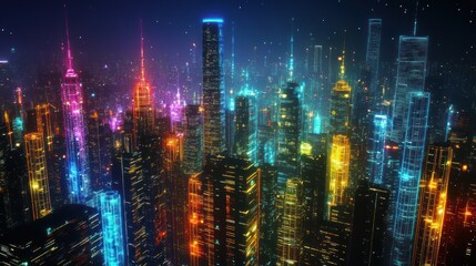 Fototapeta premium Neon cityscape at night, futuristic buildings, stars, website banner