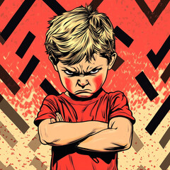 Angry cartoon boy with clenched fists and furrowed brows standing against red graphic background in frustration.