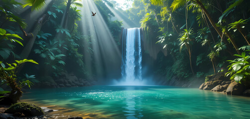 A hidden waterfall cascading into a turquoise jungle pool, with rainbow mist rising and tropical birds soaring above – secret paradise in Costa Rica.