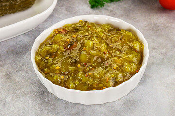 Souce gherkin relish with marinated cucumbers