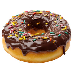 Fototapeta premium Delicious chocolate donut topped with colorful sprinkles and soft texture isolated on transparency background