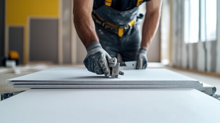 Drywall installer measuring and cutting drywall sheets for installation. Featuring attention to detail and precision