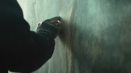 Drywall installer sanding a smooth finish on a wall. Featuring attention to detail and finishing skills