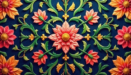 Intricate floral textile design, repeating motif, vintage, retro