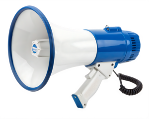 a blue and white megaphone icon isolated on white background. PNG