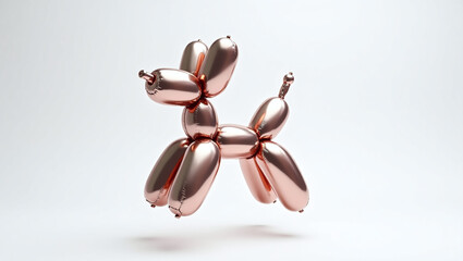 A shiny metallic balloon dog in mid-bounce, reflecting light and shadows &mdash; playful, modern art vibes on a white background.