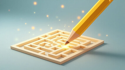 A large, 3D yellow pencil hovering above a flat maze, leaving a glowing trail behind as it draws the solution &mdash; great for creativity, strategy, or problem-solving themes.