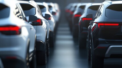 Fototapeta premium Traffic jam with various vehicles in urban area during evening hours near downtown