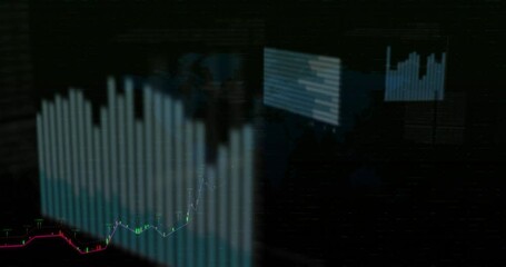 Financial visualization being animated on dark dashboard, showing 3D candlestick bars, trend lines - Powered by Adobe