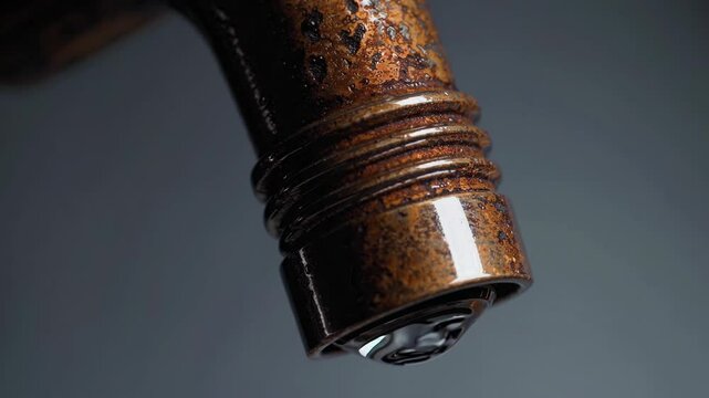 Rusty water tap dripping slowly, close-up footage of corrosion and decay
