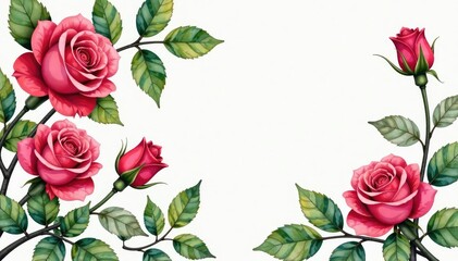 Intricate watercolor rose blooms, lush green leaves, graphic, vintage