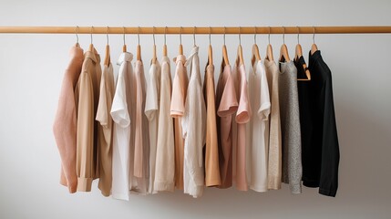 Stylish clothing collection hanging on wooden rack featuring neutral beige, white, and black garments. Perfect for fashion, retail, and minimalist lifestyle content
