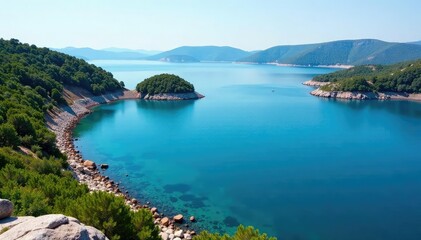 Obraz premium Irregular shaped lake with rocky shoreline and scattered islands , water, summer, autumn