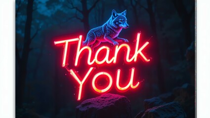 A glowing neon sign featuring a wolf and the words 'Thank You' in vibrant colors, set in a dark forest background.