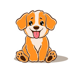 Cute cartoon puppy illustration, sitting dog with orange and white fur, large, expressive eyes, happy expression.