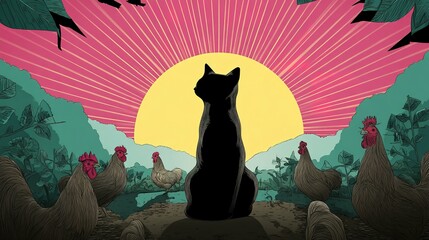 Silhouette of a black cat amidst a rural scene with chickens.
