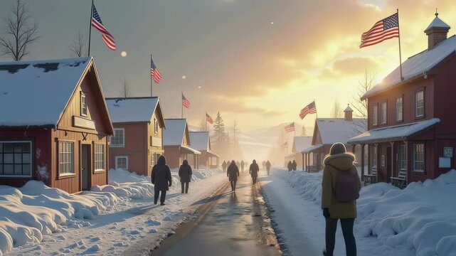 Greenlandic village under American flags in snowy winter, symbolic footage of US annexation