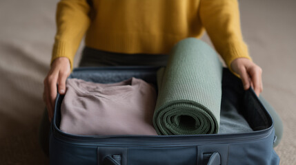 person in yellow sweater is packing suitcase with clothes and rolled up yoga mat, preparing for trip