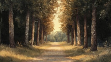 A serene pathway lined with tall trees, their leaves gently rustling in the wind, creating a sense of joy and peace.
