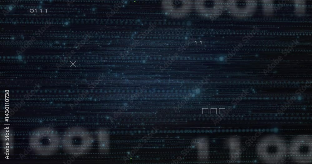 Poster streaming binary code flowing across navy flat interface, showing glowing dots and matrix icons