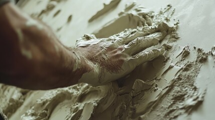 Drywaller smoothing drywall mud on a ceiling. Featuring expertise and attention to detail