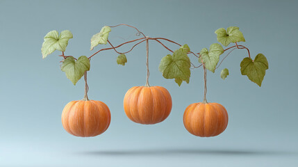 Three Pumpkins Hanging on a Vine
