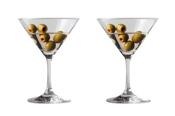 Two images of martini glasses with olives on top, transparent background
