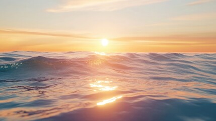 Obraz premium A serene sunrise over a peaceful ocean with gentle waves and a bright sky, reflecting the essence of joy and happiness.