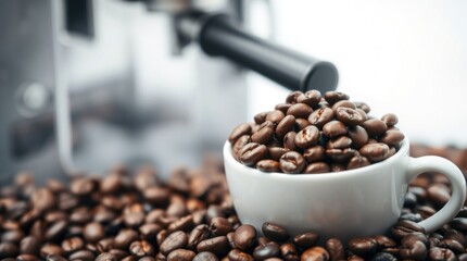 Fototapeta premium Fresh coffee beans in a small white cup, coffee machine in the background. A close-up view of roasted coffee beans piled high in a small white cup. 