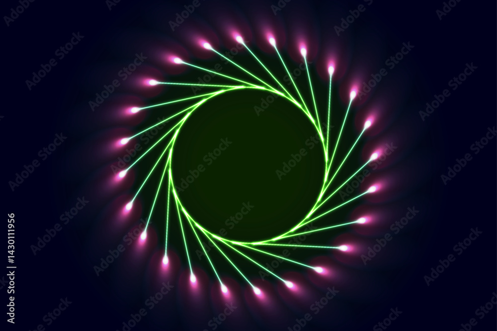 Poster glowing neon green and purple spiral rays abstract futuristic tech background. vector design