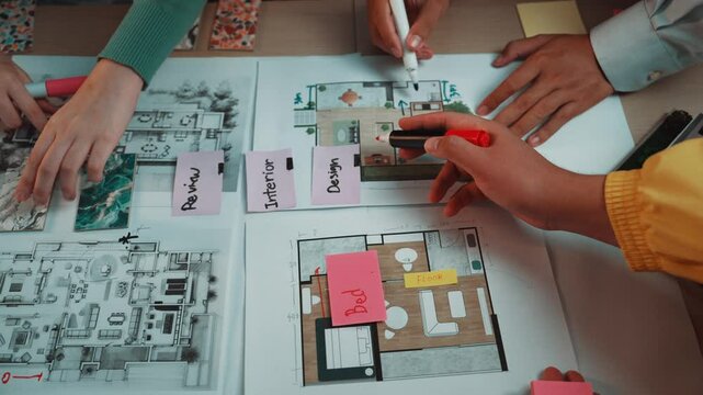 A group of creative individuals engages in a collaborative planning session, reviewing interior design blueprints with colorful sticky notes and markers at a workspace. SACTR