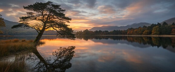 Calm lake reflecting a lonely tree with warm sunrise colors and soft clouds