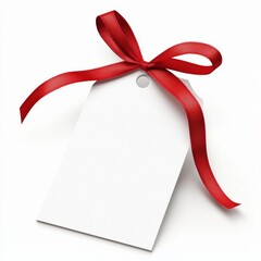 Blank gift tag with red ribbon on white background