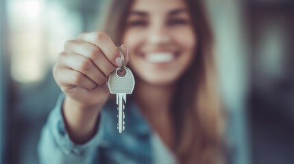 Keys in hand, young woman smiles, showing excitement about new beginning, captured indoors, bright atmosphere, close-up details