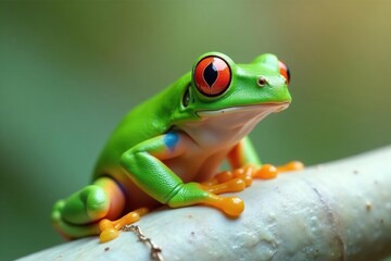 Obraz premium Green tree frog perched on white, vibrant skin, vibrant, texture, camouflage
